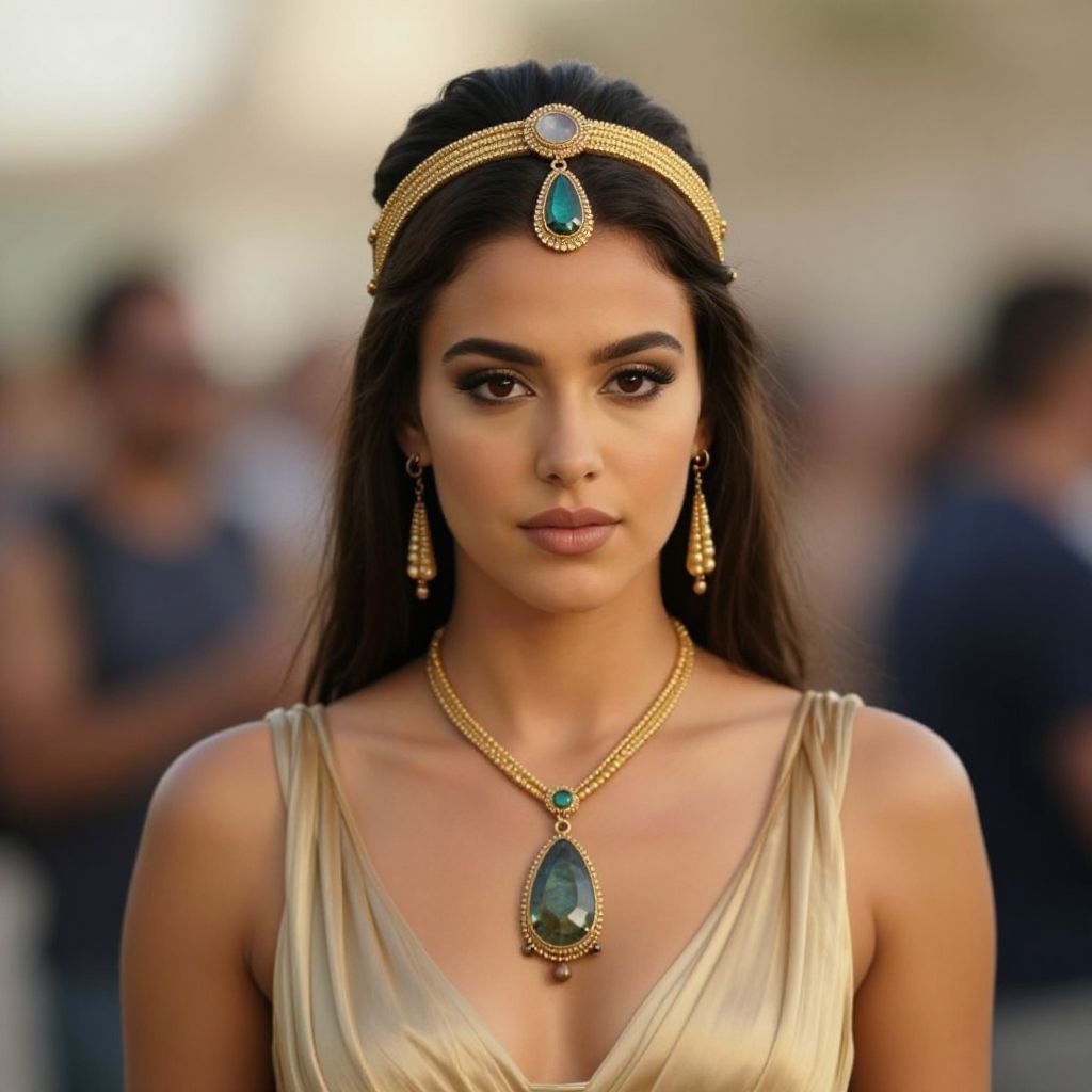 Elegant Woman Wearing Gold Jewelry and Satin Dress