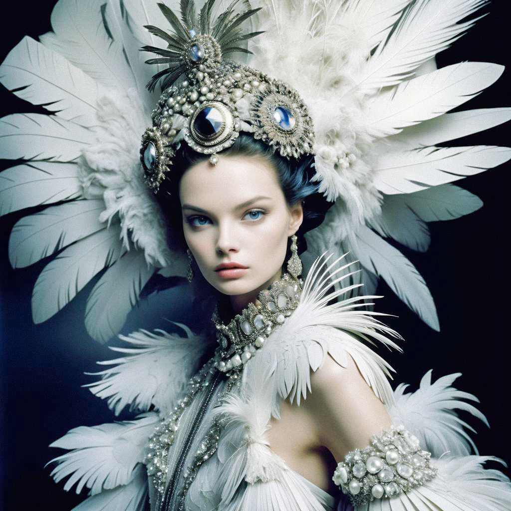 Elegant Woman in Ornate Feathered Costume