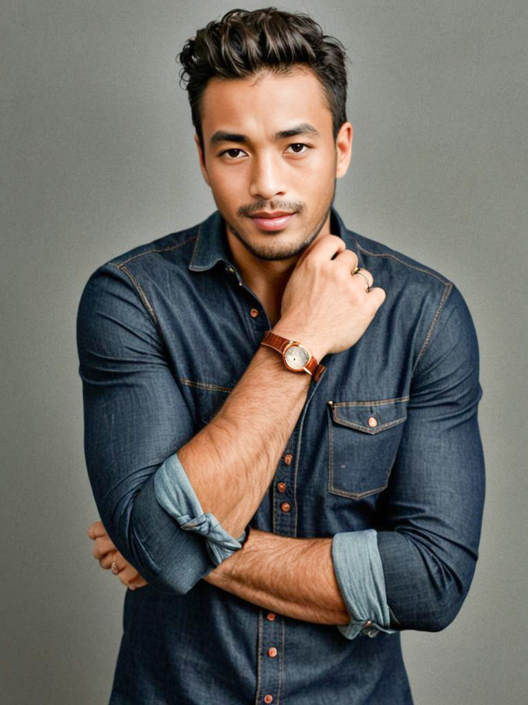 Confident Man in Denim Shirt with Classic Watch