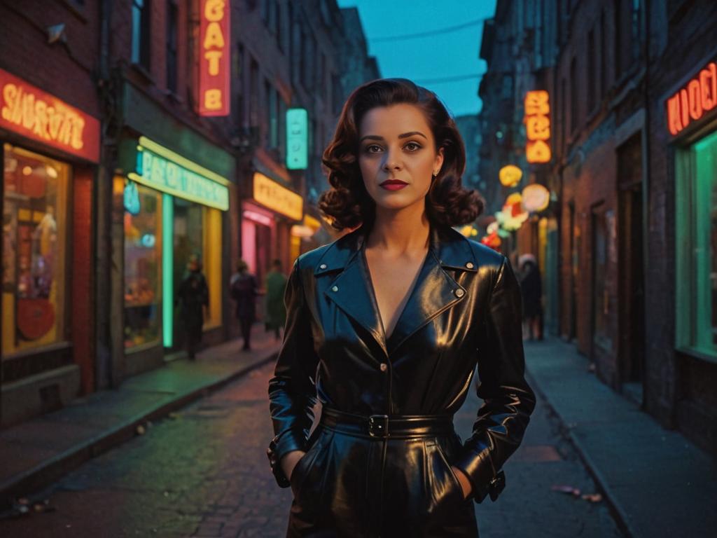 Serene woman in vintage leather outfit on bustling street