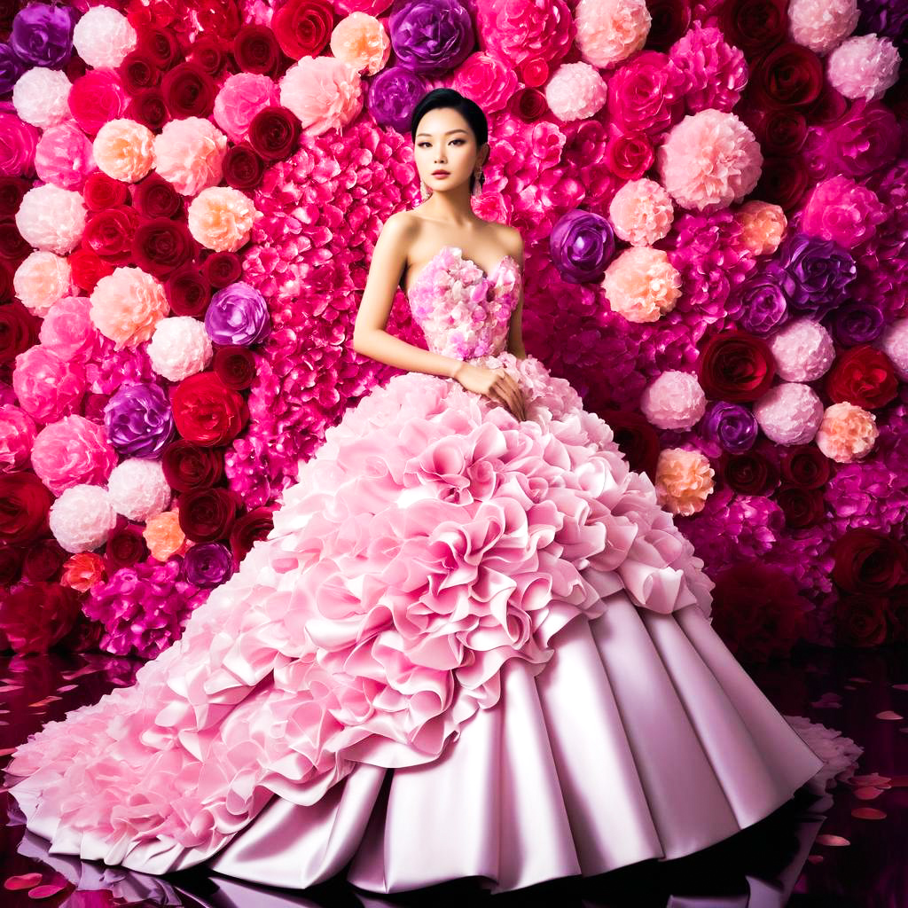 Elegant Woman in Pink Gown Among Roses