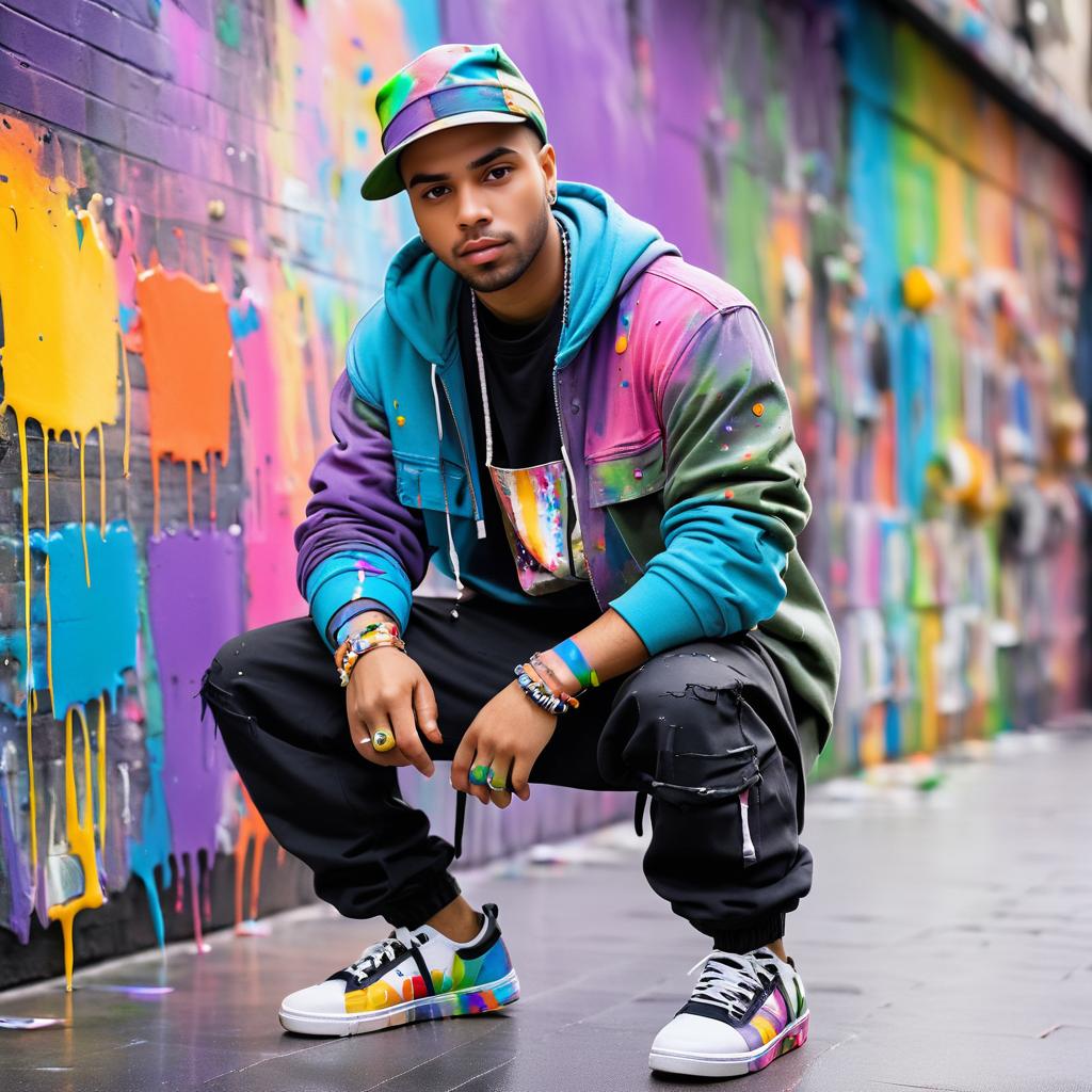 Stylish Man in Colorful Streetwear Against Graffiti Wall