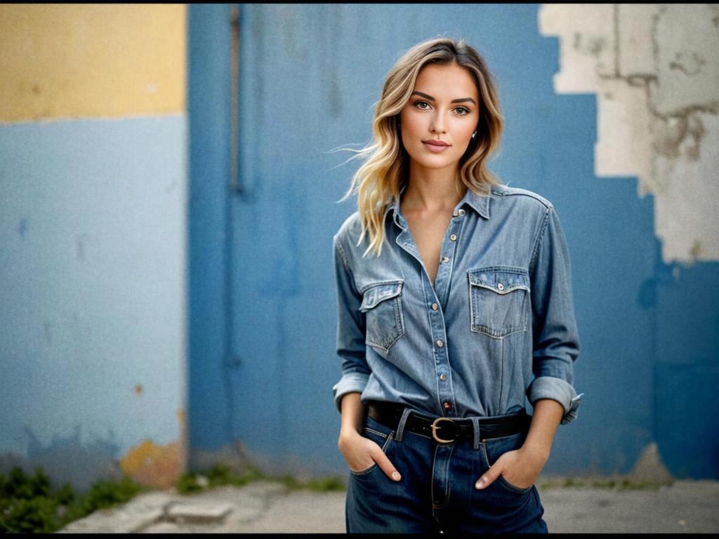 Woman in Denim Shirt Against Blue and Yellow Background