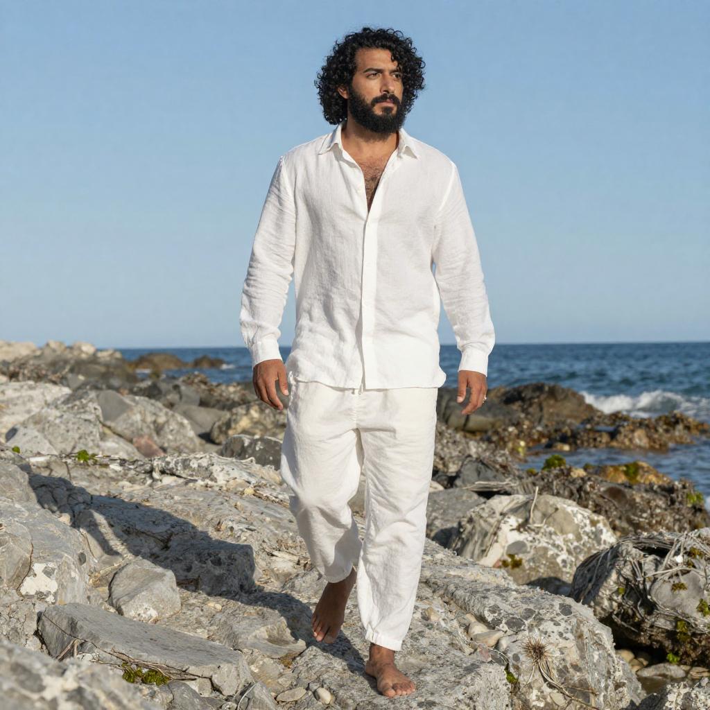 Man in White Linen Outfit Walking on Rocky Beach by the Sea