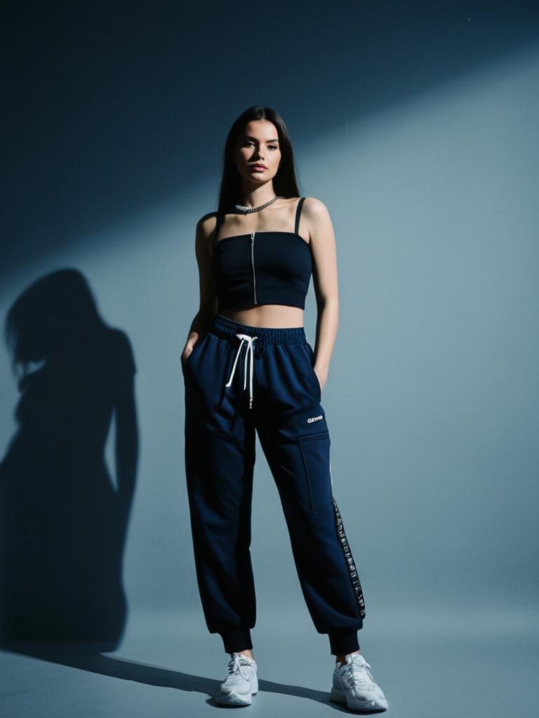 Woman in Black Cropped Tube Top and Navy Streetwear Joggers with Zipper