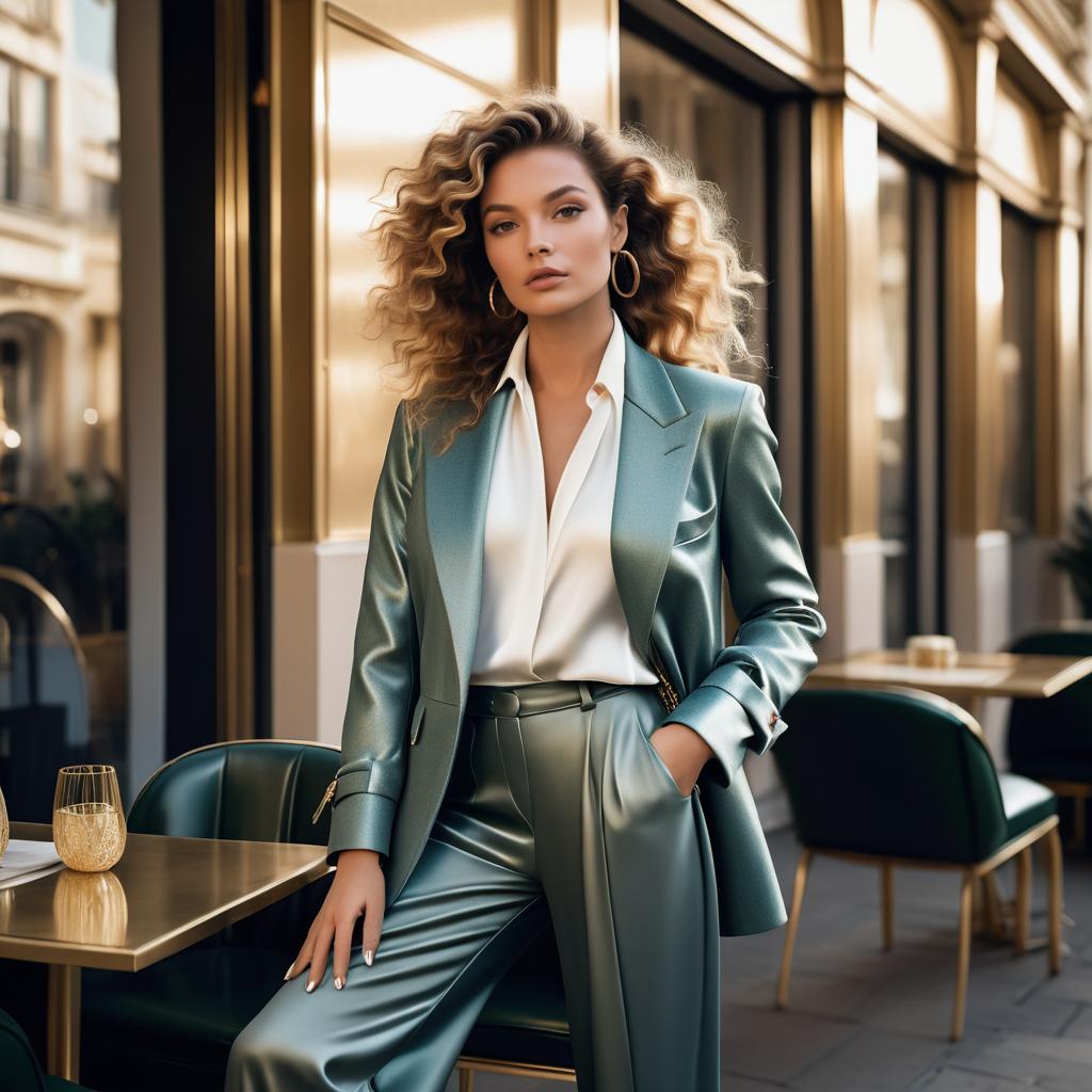 Elegant Woman in Pastel Suit at Chic Café