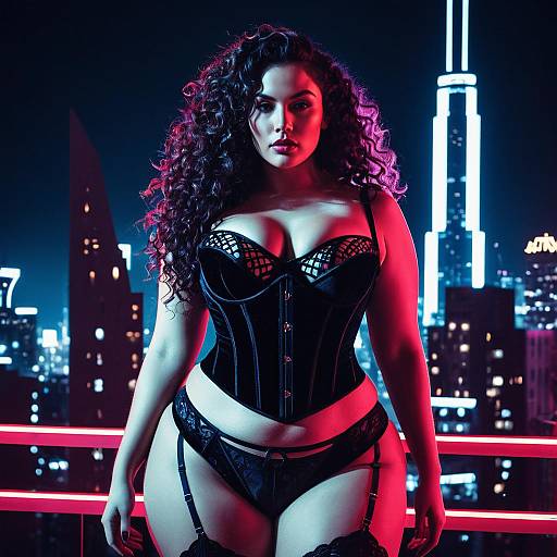 Confident Woman in Black Corset Lingerie on Neon City Rooftop at Night