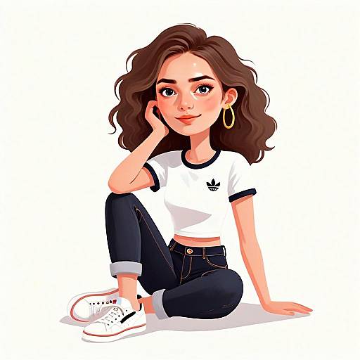 Casual Sporty Woman Sitting with Wavy Hair in Digital Illustration