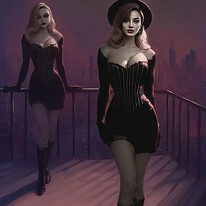 Two Elegant Women in Black Corset Dresses on Futuristic City Balcony