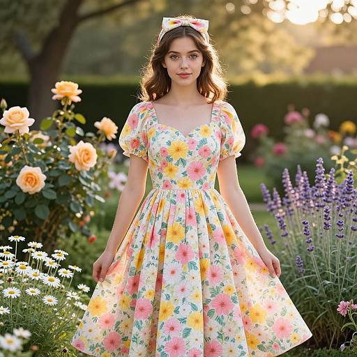 Young Woman in Vintage Floral Dress in Blooming Garden