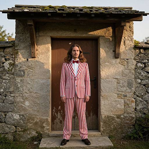 Man in Red and White Striped Suit Standing at Stone Doorway