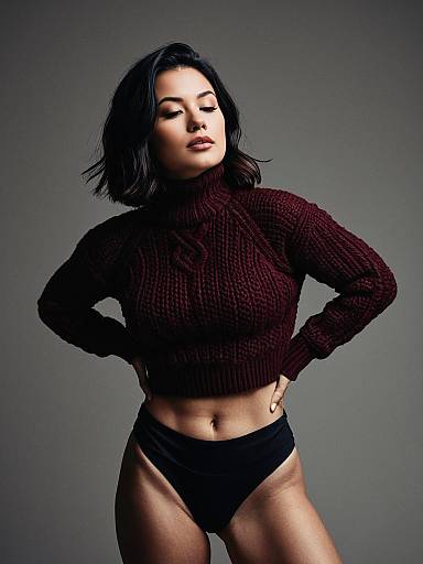 Confident Woman in Burgundy Cropped Turtleneck Sweater and Black High-Waisted Bikini Bottoms