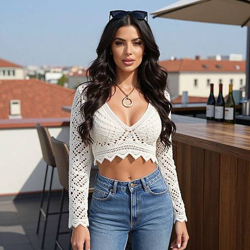 Stylish Woman in White Crochet Crop Top and Blue Jeans on Rooftop Terrace