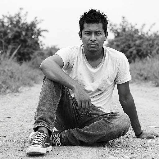 Casual Young Man Sitting Outdoors on Dirt Path Black and White
