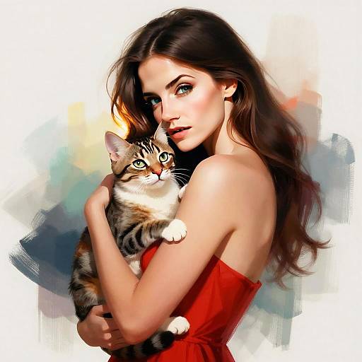 Young Woman in Red Dress Holding Tabby Cat Digital Portrait