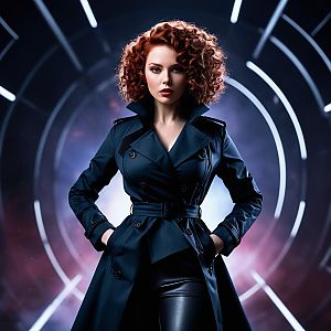 Confident Woman in Stylish Trench Coat Against Futuristic Background
