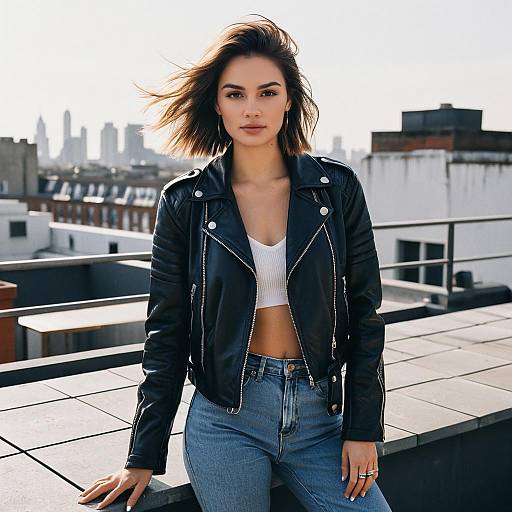 Confident Woman in Leather Jacket on Urban Rooftop with City Skyline