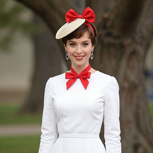 Elegant Woman in White Dress with Red Bow Accents and Vintage Hat