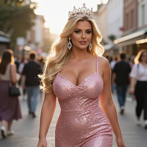 Glamorous Woman in Pink Sparkling Gown with Crown Walking in City Street