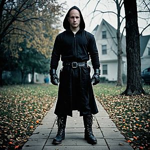 Bald Man in Black Outfit on Autumn Sidewalk