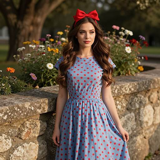 Young Woman in Retro Polka Dot Dress with Red Bow in Garden