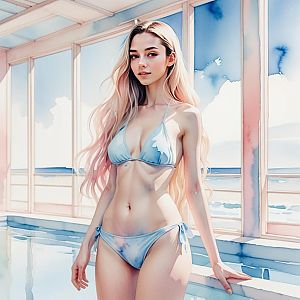 Confident Woman in Blue Bikini by Water