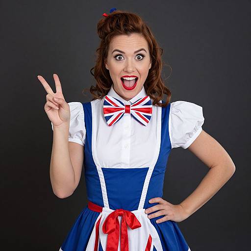 Joyful Woman in Retro British Flag Dress with Peace Sign