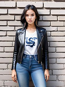 Stylish Young Woman in Leather Jacket Against Brick Wall