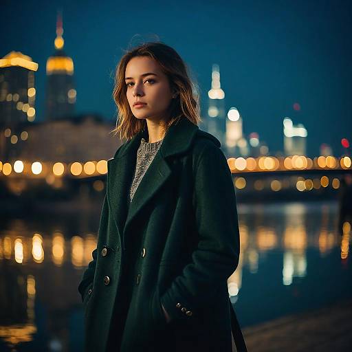 Young Woman in Dark Green Coat by City Waterfront at Night