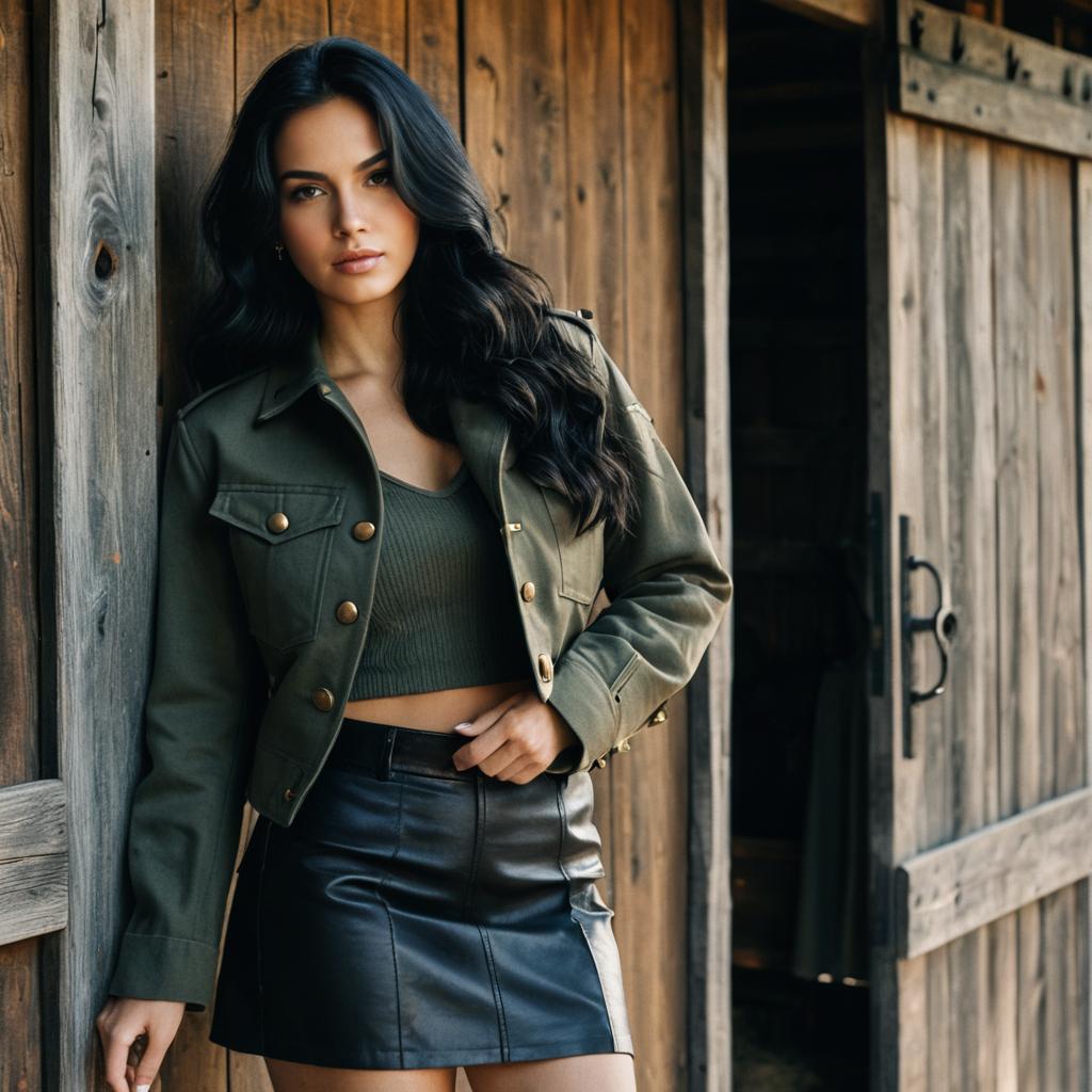 Woman in Olive Green Cropped Jacket and Black Leather Skirt by Rustic Wooden Wall