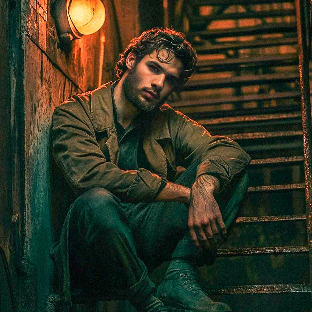 Contemplative Young Man on Staircase Contemplative Young Man on Staircase