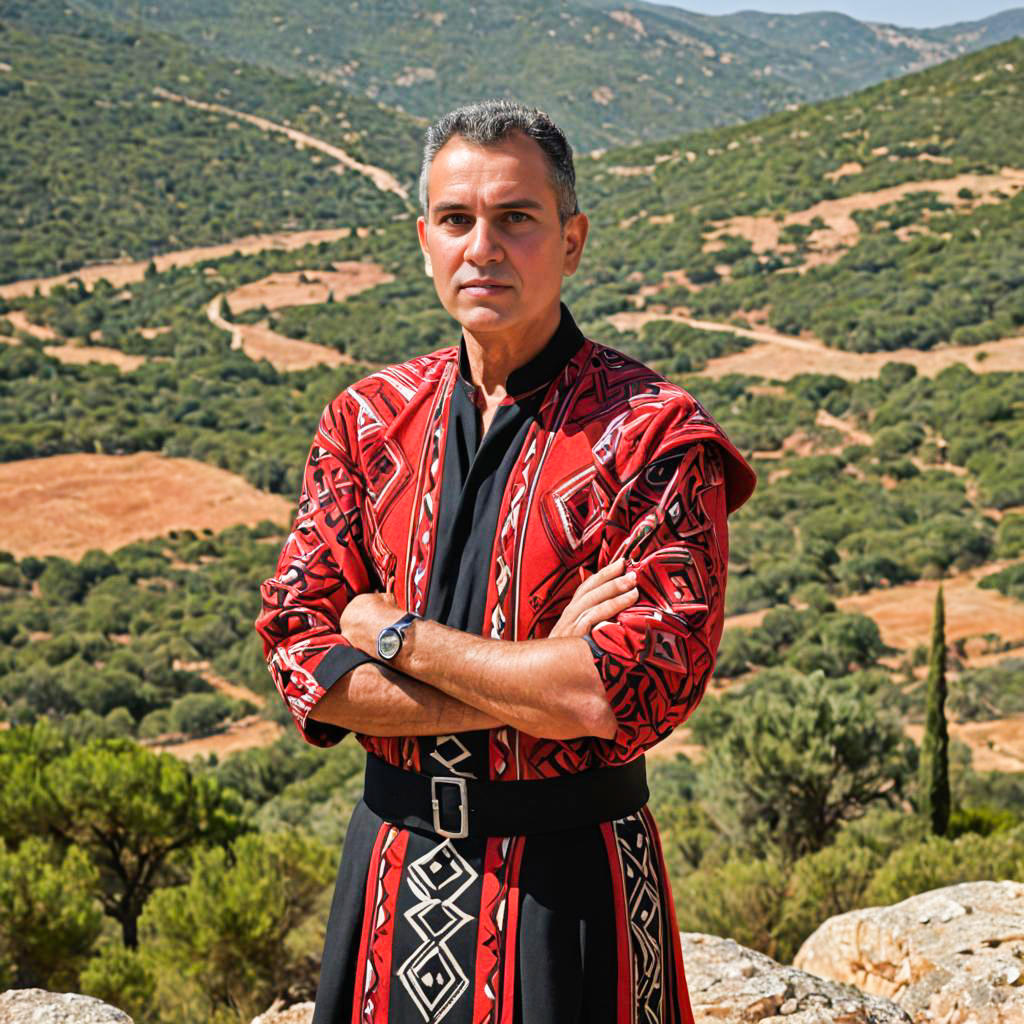 Confident Man in Traditional Garment Against Rolling Hills