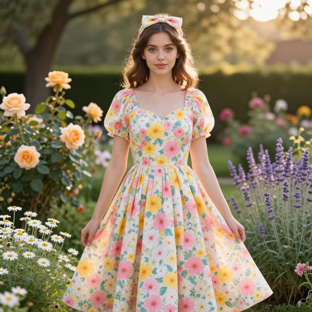Young Woman in Vintage Floral Dress in Blooming Garden