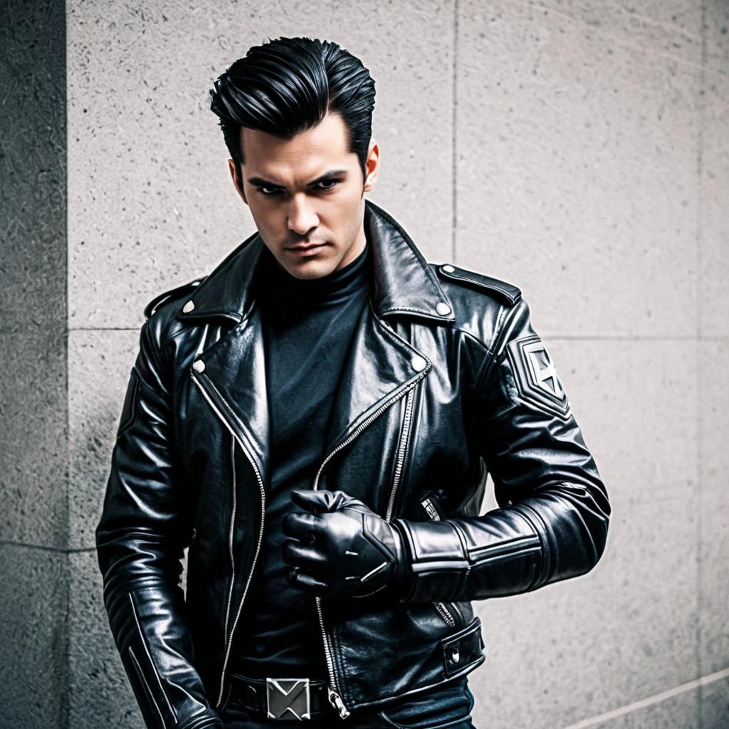 Stylish Man in Black Leather Biker Jacket and Gloves