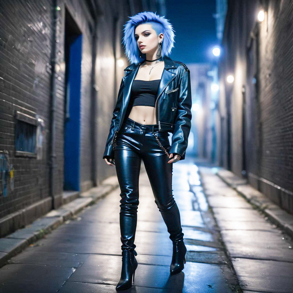 Woman with Blue Hair in Black Leather Outfit