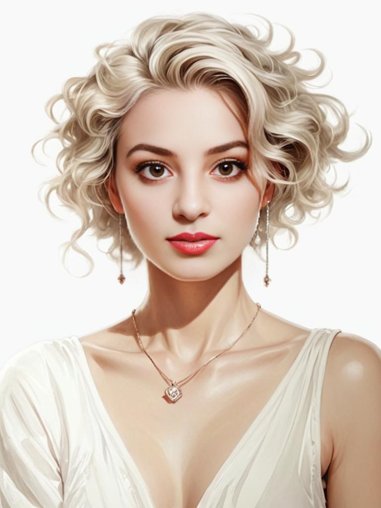 Elegant platinum blonde woman in white dress with jewelry