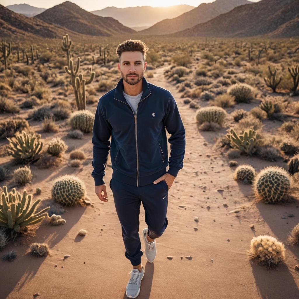 Stylish man in navy tracksuit walking through desert at sunset