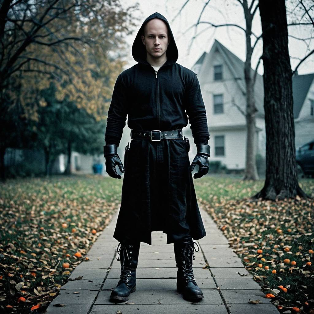 Bald Man in Black Outfit on Autumn Sidewalk Bald Man in Black Outfit on Autumn Sidewalk