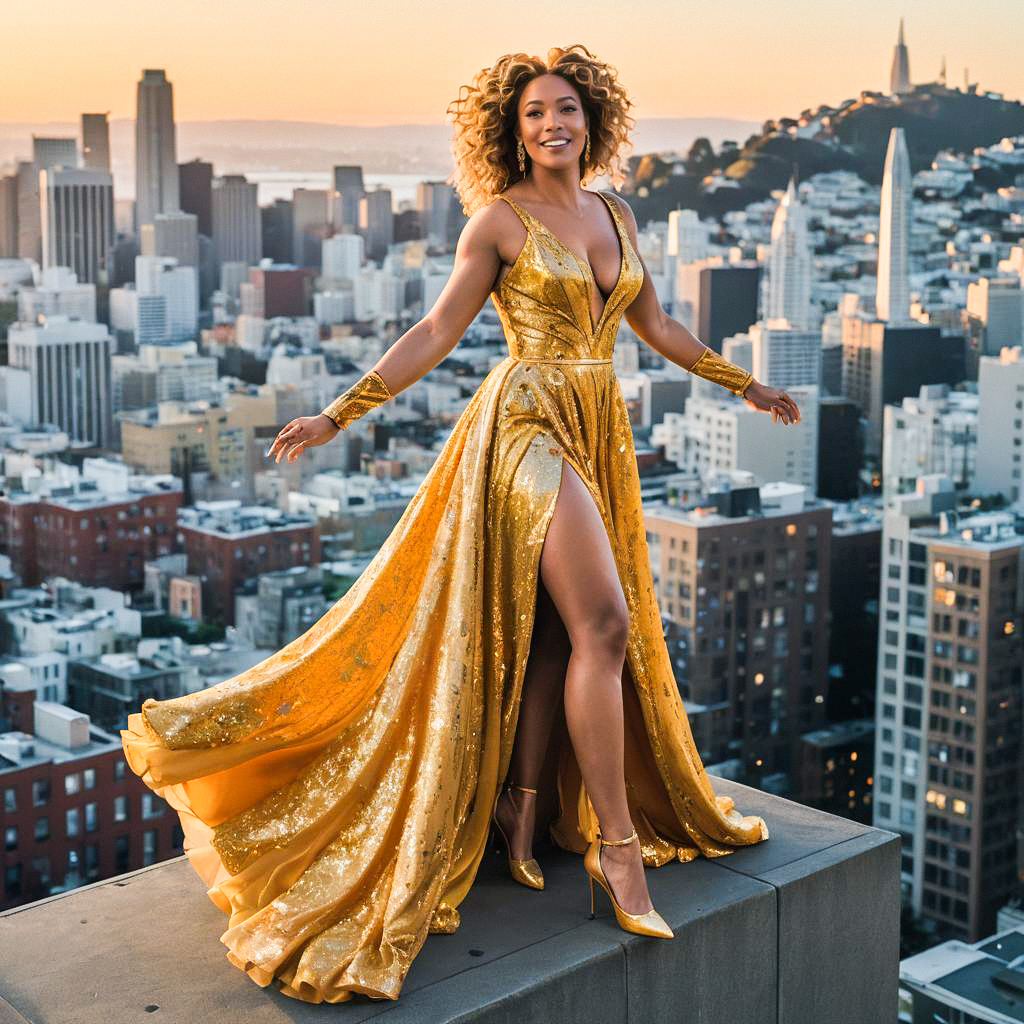 Elegant Woman in Gold Gown on Rooftop at Sunset