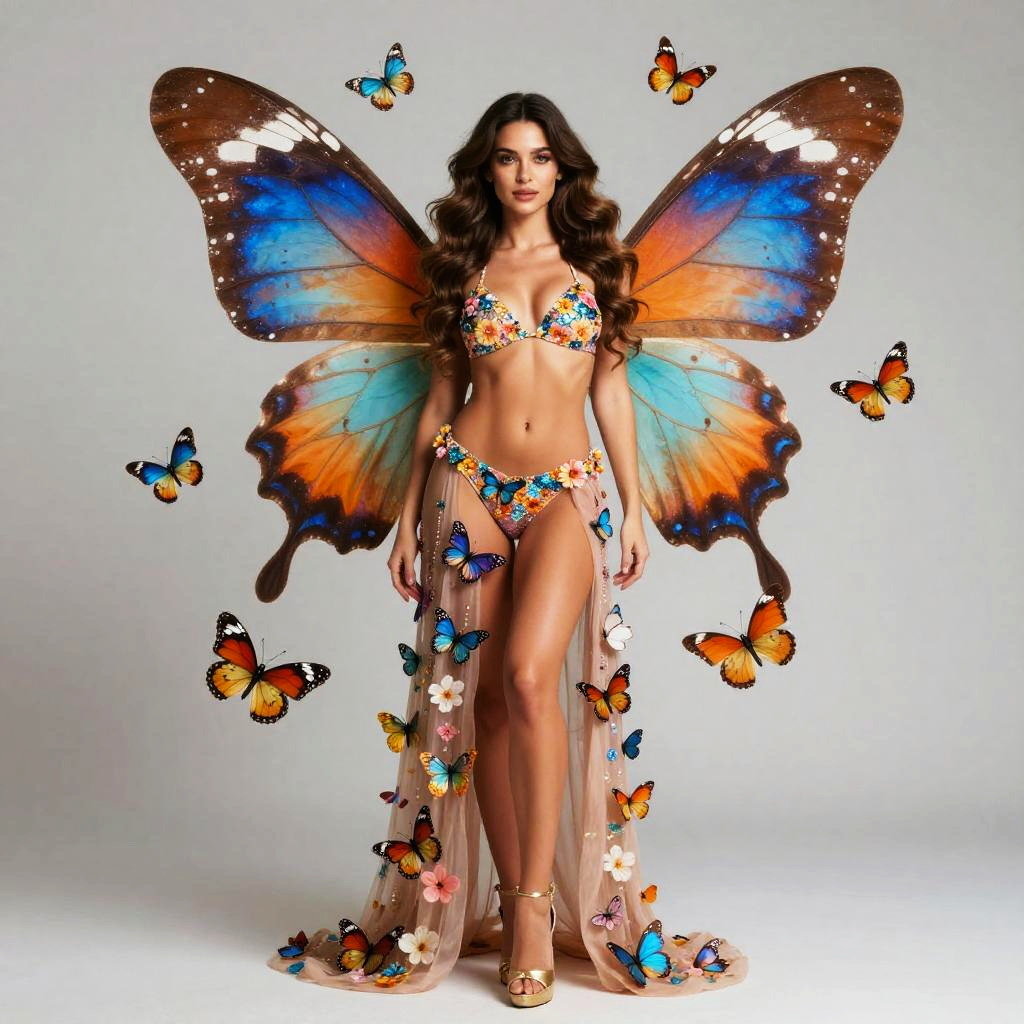 Woman with Butterfly Wings in Floral Bikini and Sheer Butterfly Skirt