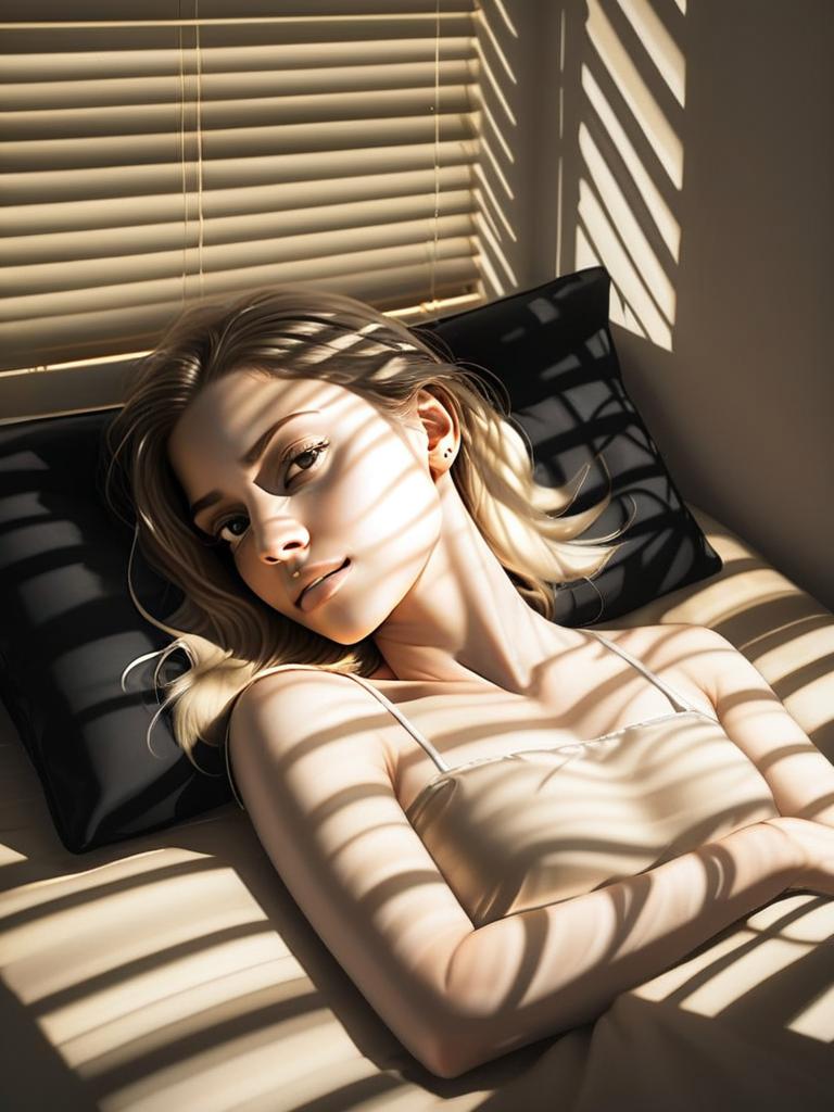 Young Woman Reclining in Sunlight Through Window Blinds