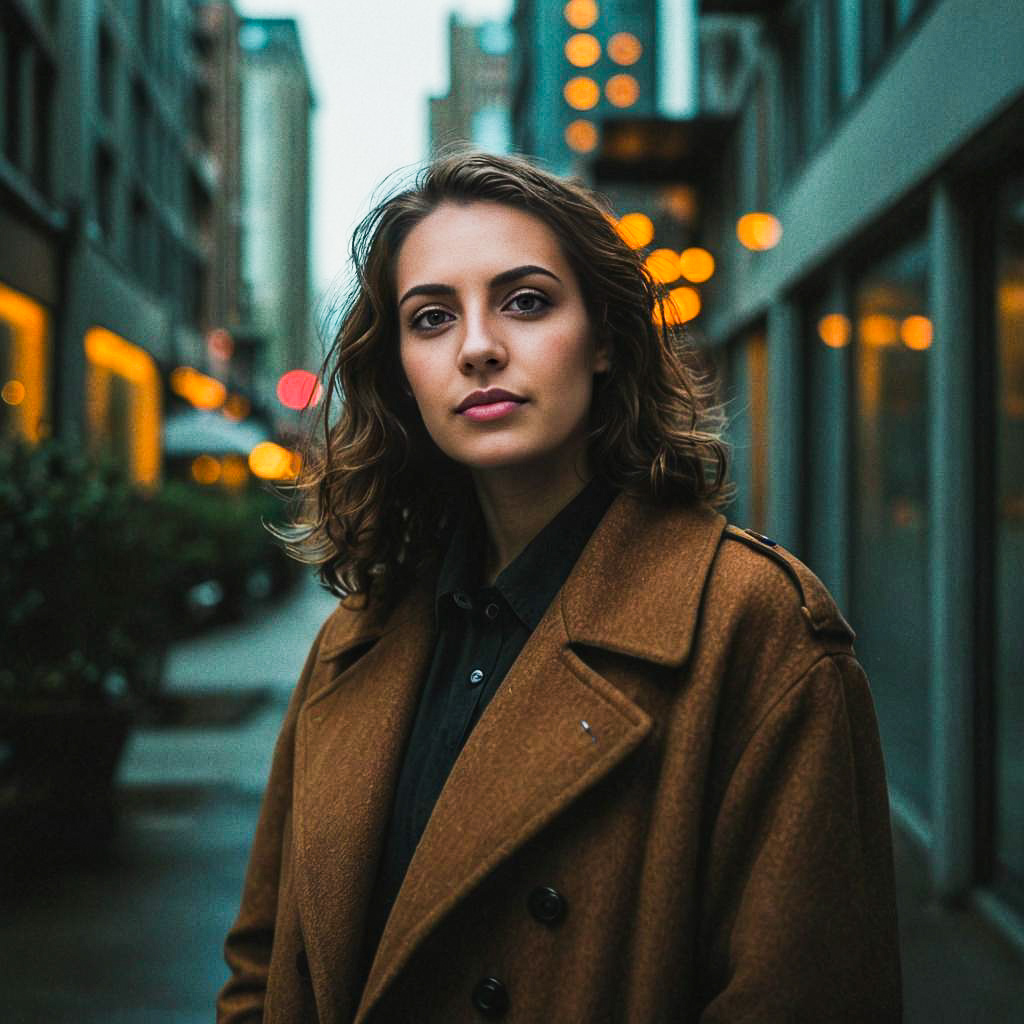 Confident Woman in Urban Scene with City Lights