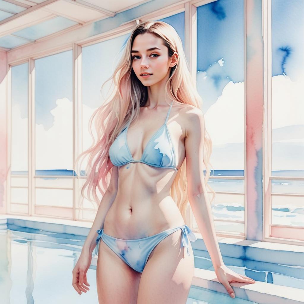 Confident Woman in Blue Bikini by Water