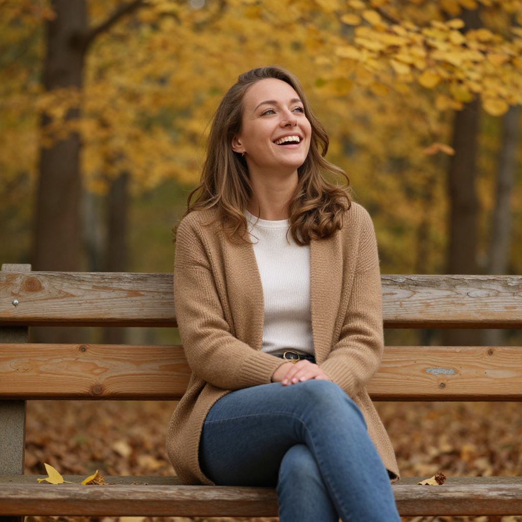 Happy Young Woman Sitting on Bench in Autumn Park