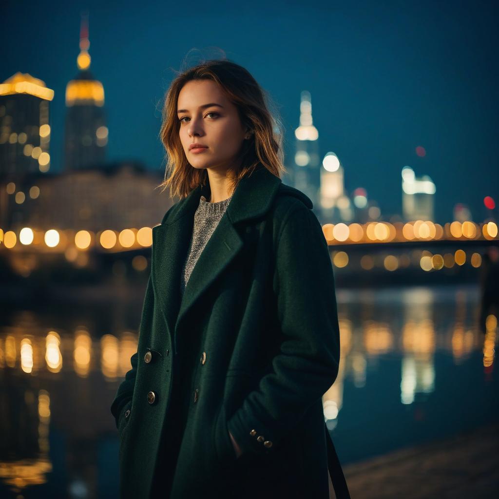 Young Woman in Dark Green Coat by City Waterfront at Night
