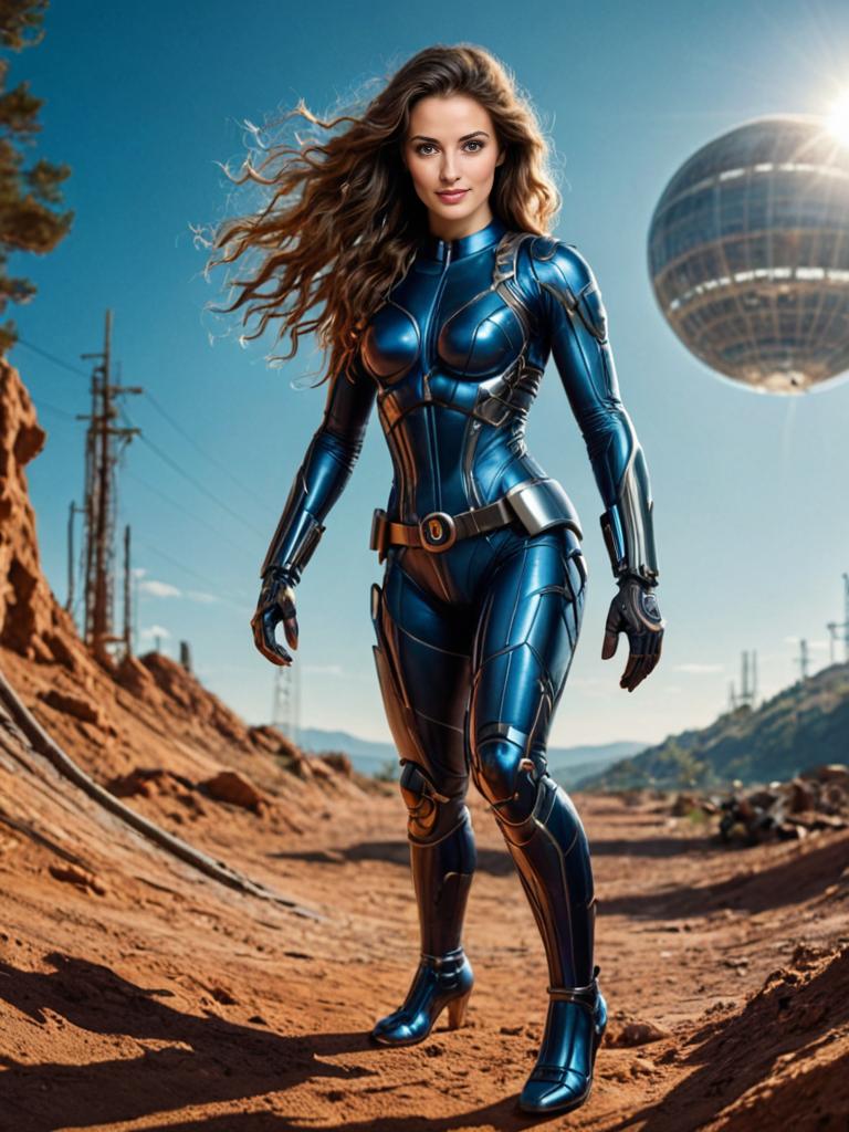 Woman in Futuristic Armor on Barren Landscape