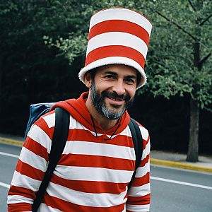 Smiling Man in Red and White Striped Hat Outdoors