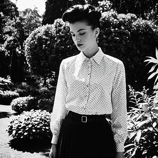 Vintage Style Woman in Classic Black and White Garden Portrait