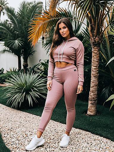 Woman in Mauve Ribbed Athleisure Set Outdoors Among Tropical Plants