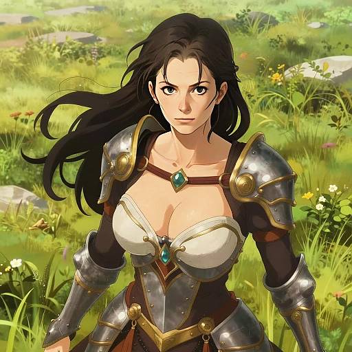 Anime Style Woman Warrior in Medieval Armor Standing in Sunlit Meadow
